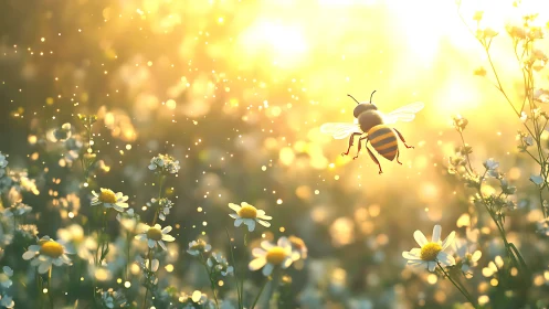 Sunlit meadow ballet with a humming golden honeybee.