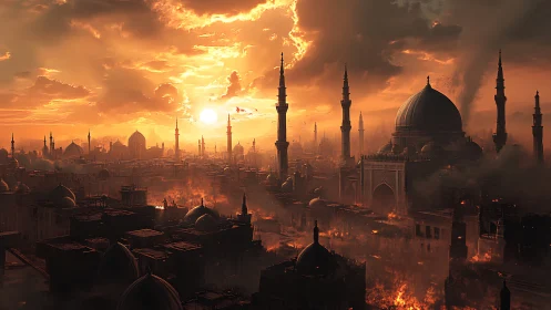Sunlit domed city under siege with volumetric smoke pillars