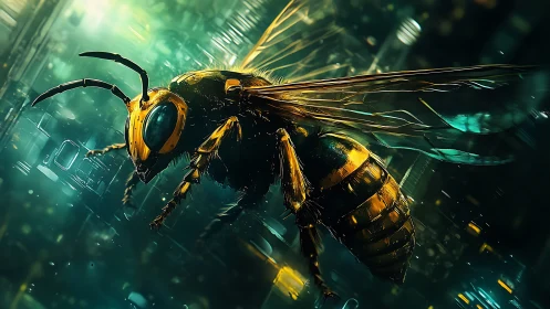 Cybernetic hornet rendered in luminous teal circuitry.
