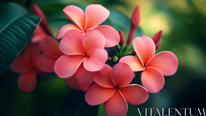 Plumeria flowers with pink coral coloration in clustered botanical arrangement.
