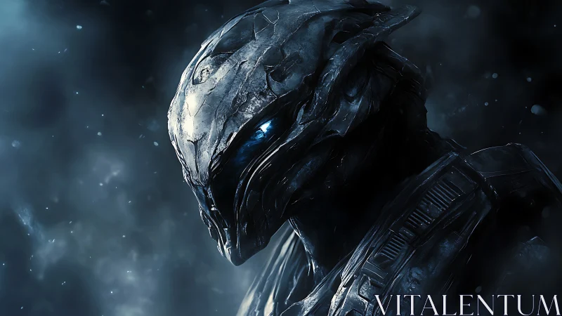 Extraterrestrial armored sentinel in cinematic blue rim light.