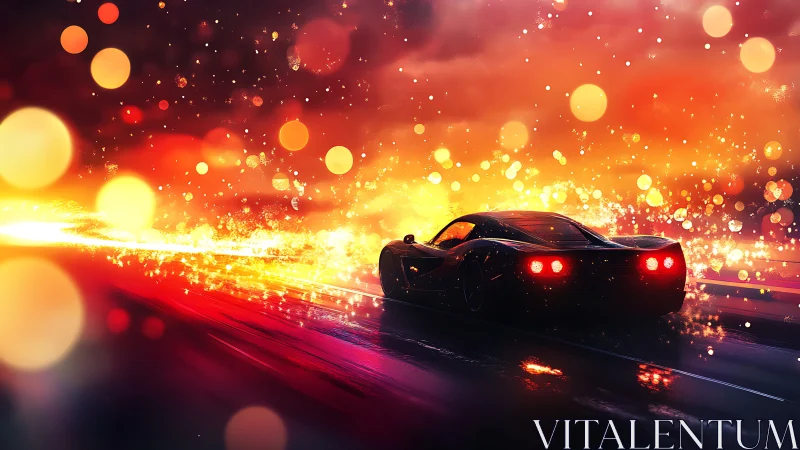 Futuristic sports car accelerates through blazing neon night