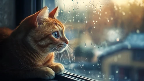 Ginger Cat Gazing Through Rain-Streaked Window.