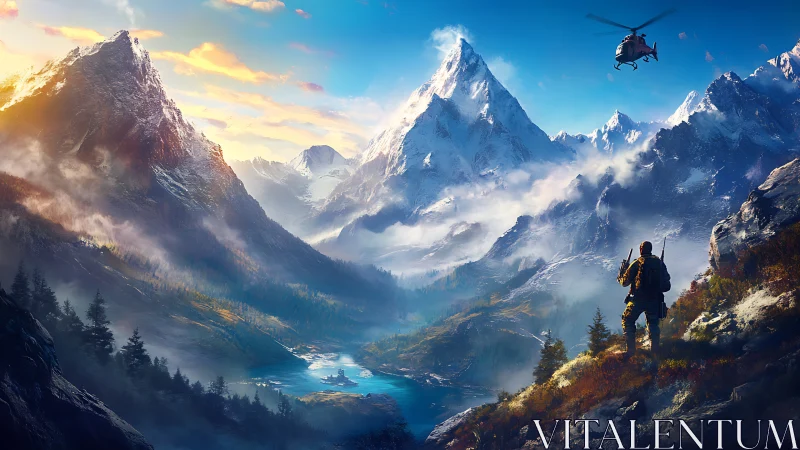 Explorer gazes over glowing mountain valley adventure vista.