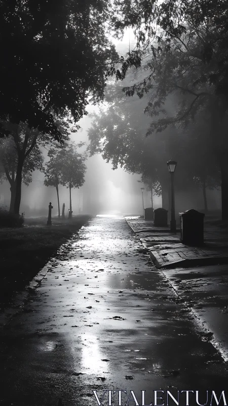 Monochrome misted parkway with reflective wet pavement study.