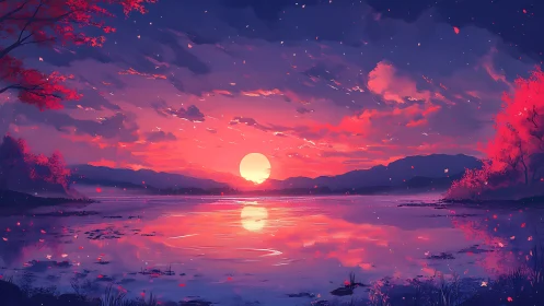 Crimson twilight lake where drifting petals guard the sun.