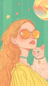 Sunlit daydream girl and cosmic cat in mint skies.