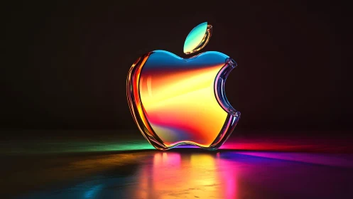 Vibrant glass apple logo with glowing neon reflections, modern style.