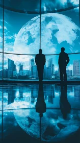 Two businessmen gaze upon Earth from futuristic observation tower.