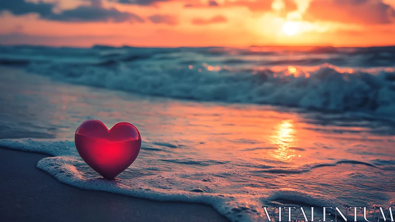Glowing heart rests upon sunset-kissed shoreline at dusk.