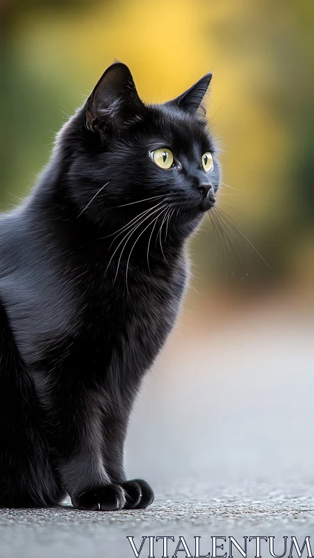 Black Cat with Golden Eyes Against Blurred Background.
