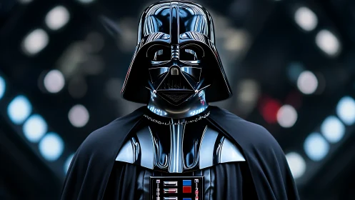 Dark armored figure in glossy helmet under studio lights.