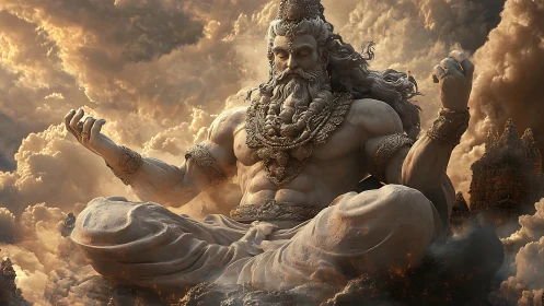 Colossal meditative deity floats amid storm-torn heavens.