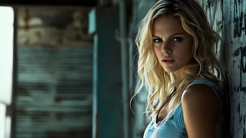 Young blonde woman stands in moody urban alleyway light