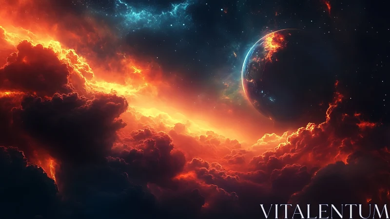 Burning nebula surrounds distant planet in vivid cosmic storm