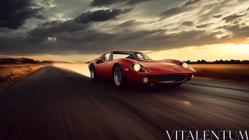 Red classic sports car races along a sunset country highway