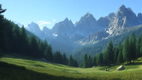 Sunlit alpine meadow opens toward dramatic jagged peaks.