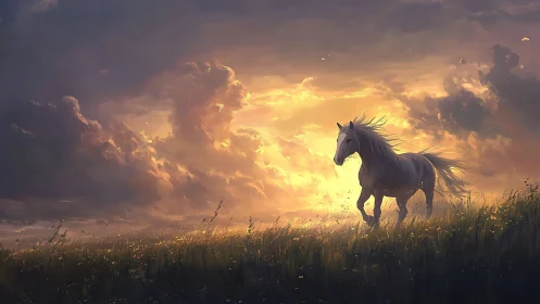 Sunset wind braids a lone horse in wildflower thunder