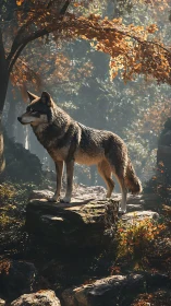 Lone wolf standing on sunlit rock in autumn forest.