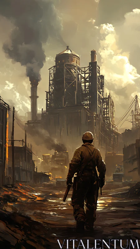 Lone wasteland sentinel pacing toward the smoking citadel.