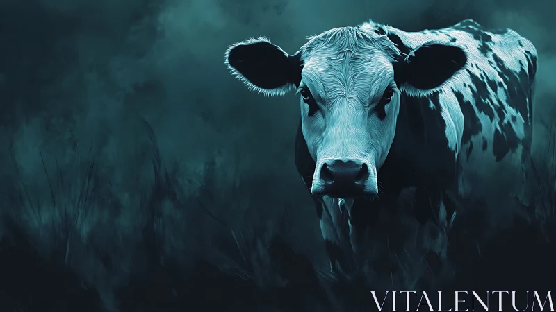 Moonlit cow steps forward through misty blue night meadow
