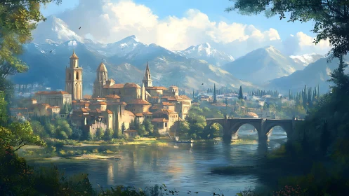 Sunlit riverside hilltown below snow-capped alpine range.