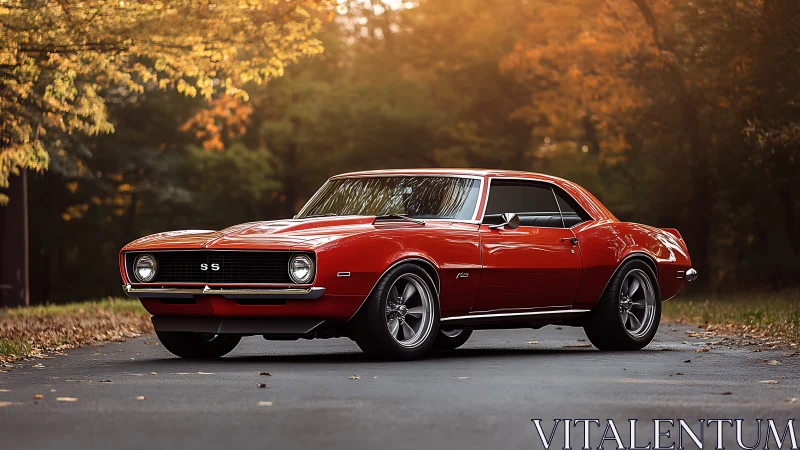 Red classic Chevy Camaro SS parked on quiet forest road.