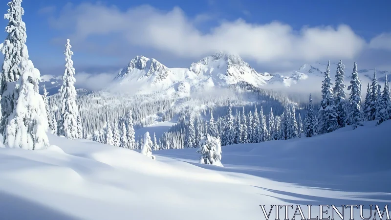 Snow-draped alpine valley under crystal blue winter sky.