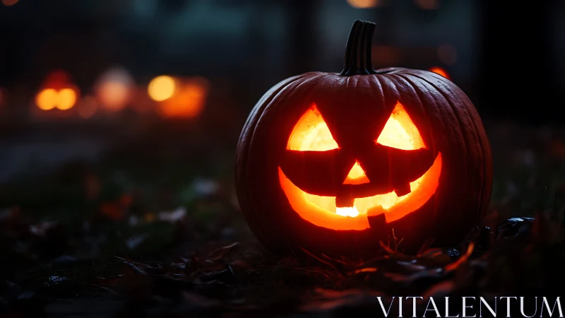 Jack o’lantern grin blazing bright on a misty Halloween lawn.