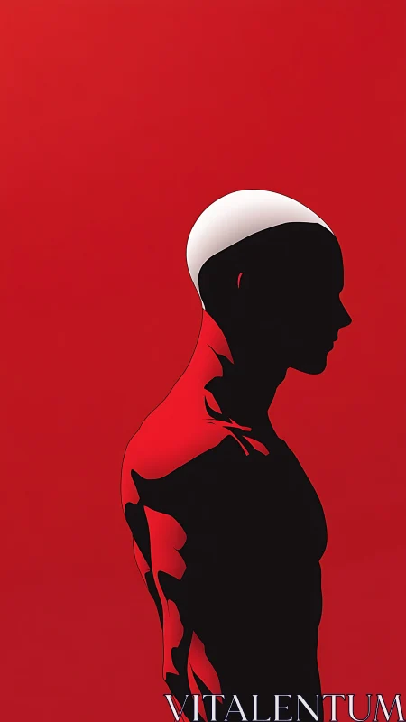 Silhouetted male profile stands against uniform red field