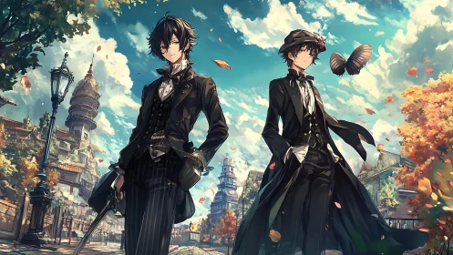 Elegant anime duo stride through a whimsical autumn cityscape