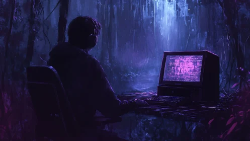 Solitary coder operates retro terminal amid bioluminescent forest