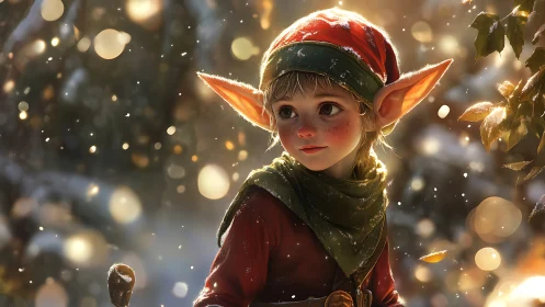 Winter woodland elf child wandering through golden light.