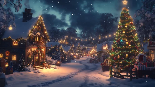 Snow-dusted Christmas village glows beneath storybook starlight.