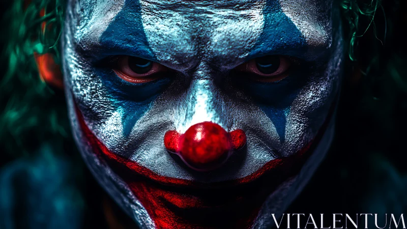 Clown face fills frame under harsh, directional low key light