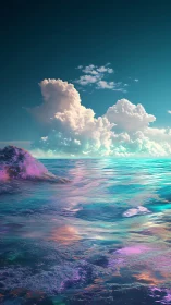 Color saturated seascape shows stylized clouds and glowing water
