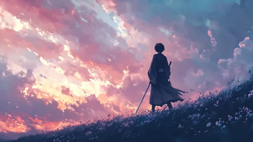 Lone swordsman on hillside under vivid sunset sky.