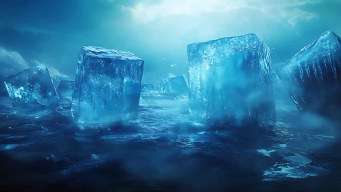 Large translucent ice cubes rest on a cold reflective surface