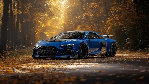 Electric blue supercar slicing through golden autumn forest.