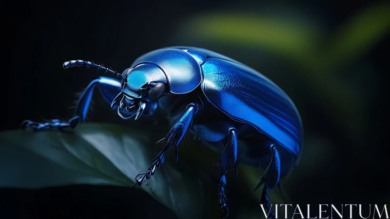 Iridescent cobalt beetle macro on leaf, high contrast lighting