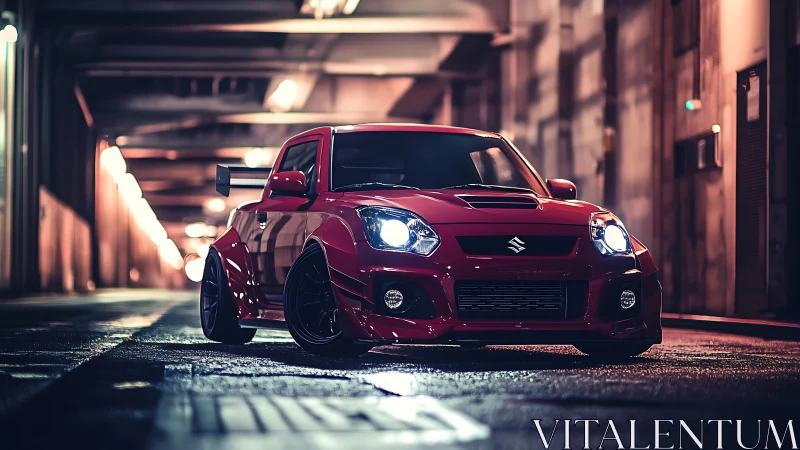 Red tuned Suzuki hatchback under moody urban lights.