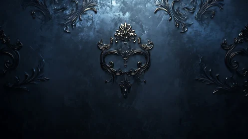 Ornate dark baroque flourishes glow on textured blue wall.
