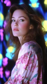 Soft bokeh portrait of young woman in floral kimono, neon backdrop