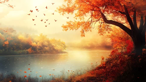 Riverlight drifts beneath a cascade of ember-bright leaves