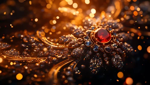 Ornate ruby and diamond brooch in cinematic bokeh lighting.