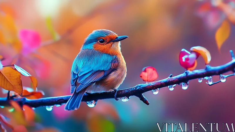 Vibrant blue and orange bird perched on a branch, dreamy bokeh style.