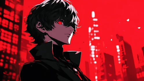 Crimson city vigilante in stark anime noir profile portrait.