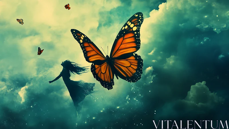 Silhouette figure and monarch butterfly within clouded sky.