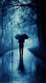 Silhouette under umbrella walks through blue rain forest.