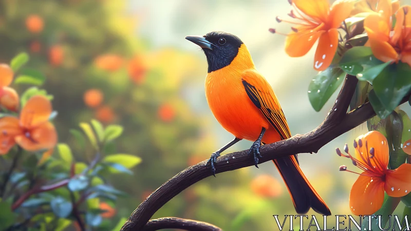 Vibrant orange and black bird on flowering branch, digital realism.